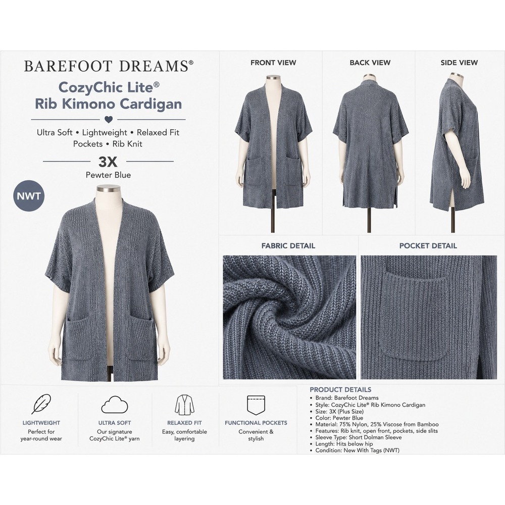 Barefoot Dreams CozyChic Lite Ribbed Kimono Cardigan Pewter Grey 3X A342880